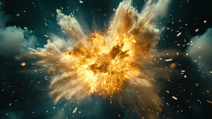 powerful explosion with fiery core spreads destruction, creating dramatic scene filled with smoke and debris. intensity of blast captivates viewers attention