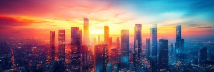 Wall Mural - City Skyline Sketch at Sunset, artist capturing vibrant hues of skyscrapers, blending creativity with urban beauty in twilight ambiance