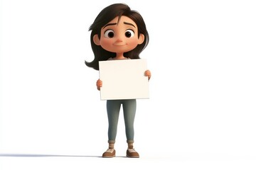 3d animation cartoon of adult standing, she is holding a blank white sign