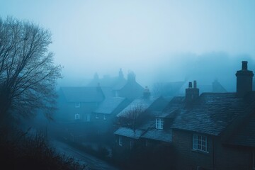 Wall Mural - Misty Village Houses with Blue Sky and Trees