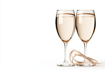 Elegant celebration scene with two champagne glasses and a sparkling ring. Perfect for weddings, anniversaries, or special occasions.