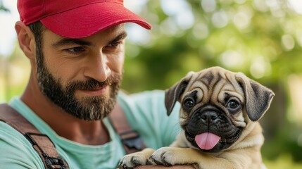 The bearded man with a red cap lovingly holds a playful pug puppy, capturing a shared moment of happiness and companionship against a lush green backdrop.