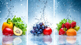  Tres imágenes de frutas y verduras frescas como pimientos, uvas, kiwi y fresas bajo chorros de agua, destacando su frescura y jugosidad.

