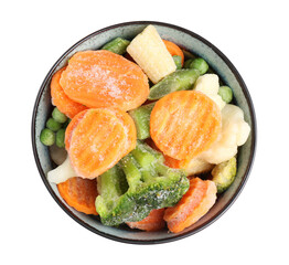 Canvas Print - Different frozen vegetables in bowl isolated on white, top view