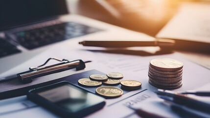 A stack of coins rests on a desk with paperwork.