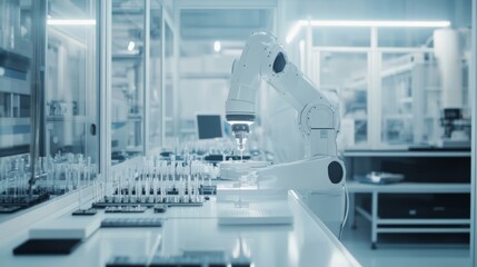 Poster - A robot conducting high-precision assembly in a clean, high-tech semiconductor lab with organized workstations and advanced testing equipment, Semiconductor tech style