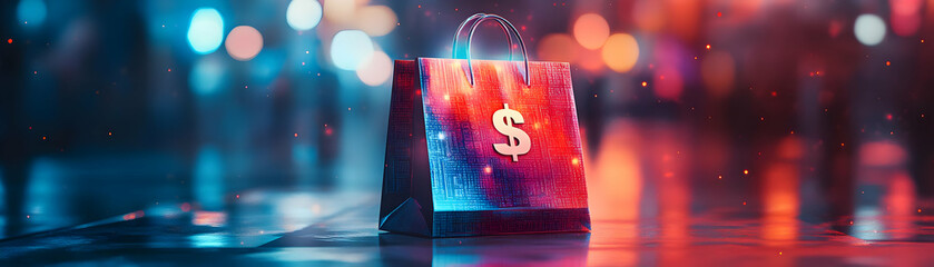 Close Up Holographic Shopping Bag Glowing Currency Symbols Macro Image Soft Abstract Background Bokeh Lights Modern Commerce Financial Advertising Ample Copy Space Photo Stock Concept