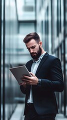 Poster - A businessman in a suit looks at a tablet in a modern office building.