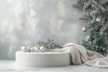 Wall Mural - Winter-Themed Display with White Podium, Pine Branches, and Ornaments