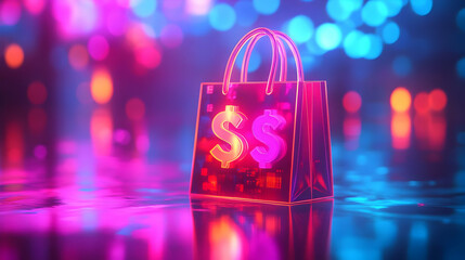 3D Close Up Holographic Shopping Bag Glowing Currency Symbols Macro Image Modern Commerce Financial Advertising Abstract Background Bokeh Lights Copy Space Branding Icon White Background