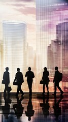 Canvas Print - Silhouettes of businesspeople walking in front of skyscrapers.