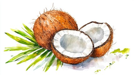 Wall Mural - Coconut fruit painting over white background