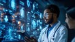 © vladimir - A team of doctors in lab coats using a tablet to analyze holographic medical data displayed on digital screens, showcasing advanced technology and futuristic healthcare solutions.