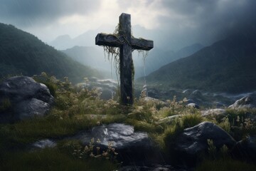 Canvas Print - Cross mountain outdoors spirituality.