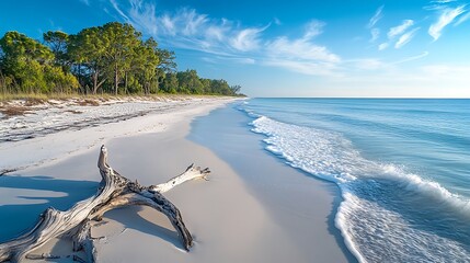 Aerial view of a serene beach, white sand, sea salt spray rising from gentle waves, driftwood resting near the shoreline, cool breeze moving through the air, soft blue sky with wispy clouds,