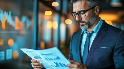 Businessman analyzing financial reports in modern office with glasses