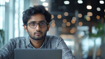 portrait of an Indian software engineer or web developer working on laptop in modern office looking at camera, tech worker