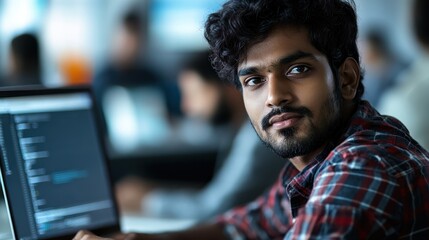 portrait of an Indian software engineer or web developer working on laptop in modern office looking at camera, tech worker