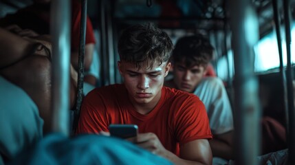 A young man is focused on his smartphone amidst a crowded environment, highlighting modern connectivity and technology in a bustling social setting.