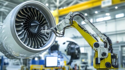Aufkleber - A robot conducting precision inspections on a high-tech aircraft engine in an aerospace maintenance hangar, clean and detailed environment, Aerospace-tech style