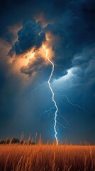 thunderstorm rolling over a prairie, dark clouds, and bright lightning bolts