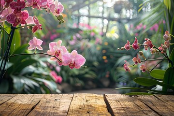 Canvas Print - Serene Orchid Garden with Vibrant Blooms and Rustic Wooden Table