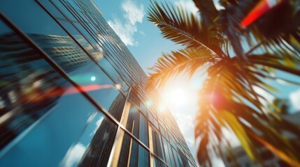 Image showcasing a modern glass skyscraper reflecting the bright sunlight, framed by palm trees, creating a dynamic and vibrant urban atmosphere.