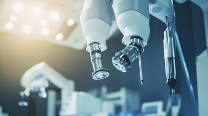 Poster - A robot conducting precision surgery in a high-tech operating room with advanced surgical tools and clean, sterile surroundings, Medical tech style