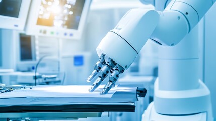 Poster - A robot conducting precision surgery in a high-tech operating room with advanced surgical tools and clean, sterile surroundings, Medical tech style