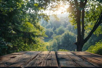 Wall Mural - Serene Forest View with Rustic Wooden Table in the Foreground