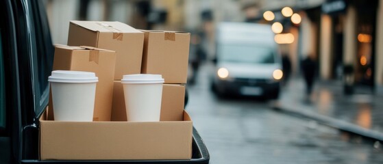 Delivery van with takeout coffee cups and stacked cardboard boxes on a city street, ideal for business and logistics themes.