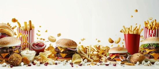 Poster - An array of American and fast food items like fries burgers chips popcorn snacks and sauces on a white surface offering a panoramic view with available copy space for text or images