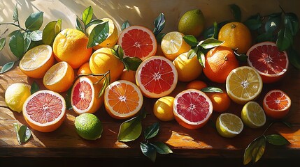 Fresh citrus fruits scattered across a wooden table, lemons, limes, and grapefruits cut in halves, vibrant colors shining under the sunlight, juicy and zesty atmosphere,