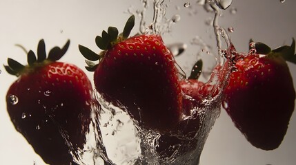 Three strawberries splash into a clear liquid, creating a burst of red.