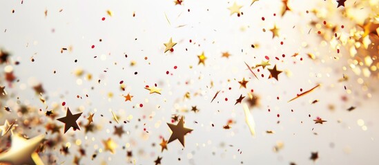 Wall Mural - A festive background with confetti and copy space image perfect for a carnival greeting card features golden stars on a white backdrop for birthdays or holidays