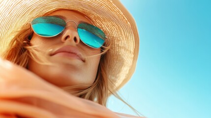 A woman wearing a wide-brimmed sun hat and reflective sunglasses against a clear blue sky evokes a sense of summer and carefree relaxation in a serene setting.