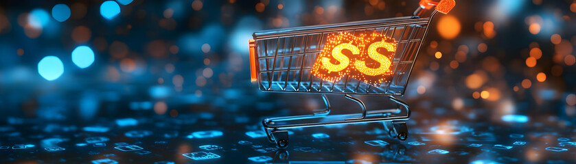 Macro Shot Holographic Shopping Cart Glowing Currency Symbols Close Up Abstract Background Bokeh Lights Modern Commerce Financial Advertising Copy Space Photo Stock Concept