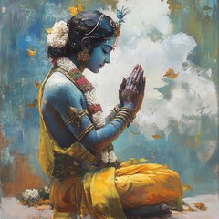 Wall Mural - hindu god krishna, spirituality, bowing devotees, sacred energy, indian cultural patterns