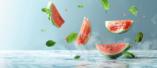 Poster - Fresh watermelon slices and mint leaves flying through the air on a light blue backdrop with a copy space image