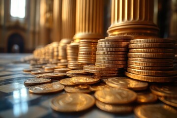 Stacks of gold coins and marble columns in a grand architecture setting during daylight