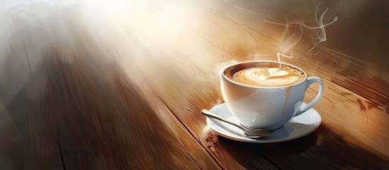 Poster - A steaming cup of mocha coffee with lovely art on top perfect for breakfast with a copy space image of coffee barista