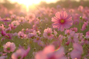 Wall Mural - A Serene Field of Pink Cosmos Flowers Bathed in Golden Sunrise Light