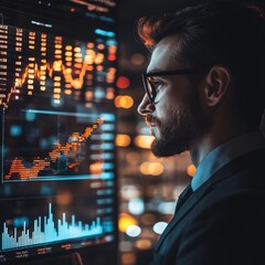 Businessman analyzing digital data on futuristic screen at night