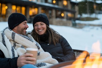 A happy couple enjoys hot beverages and laughter outdoors near a fire pit, wrapped in blankets, with snow and charming rustic cabins surrounding them.