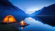 © PBMasterDesign - Tent by serene lake under starry sky, peaceful camping experience, tranquil environment.