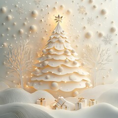 Wall Mural - winter christmas composition in paper cut style ,white and gold style