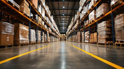 Canvas Print - Warehouse Aisle with Stacked Pallets and Shelves