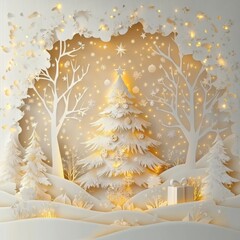 Wall Mural - winter christmas composition in paper cut style ,white and gold style
