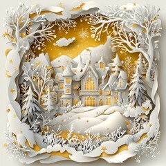 Wall Mural - winter christmas composition in paper cut style ,white and gold style
