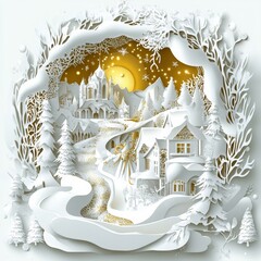 Wall Mural - winter christmas composition in paper cut style ,white and gold style